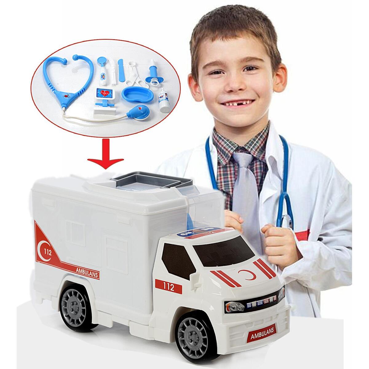 2İn1 Ambulans Arabalı, 10 Parçalı Oyuncak Doktor Seti