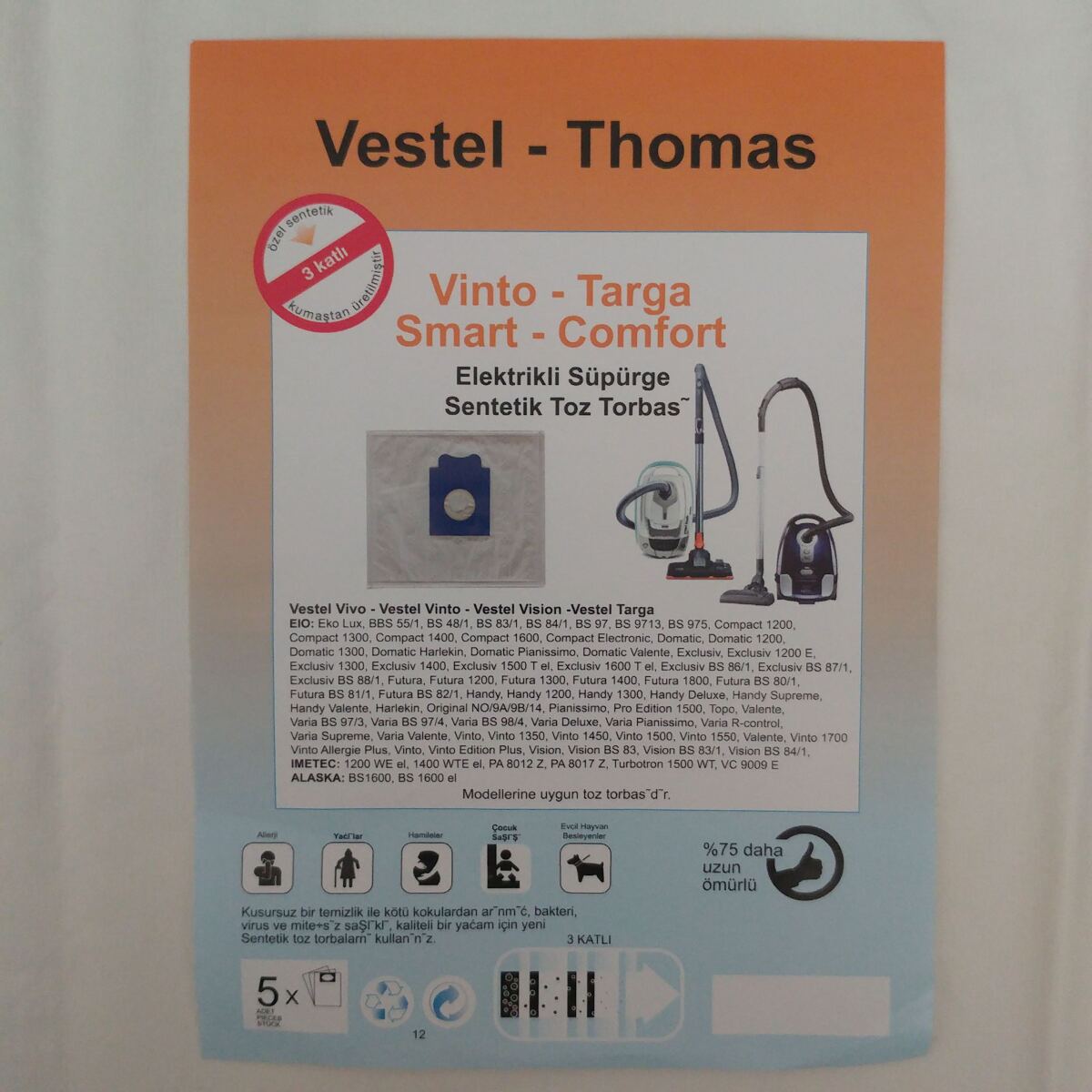 20 Adet Vestel Thomas Elektrikli Süpürge Toz Torbası