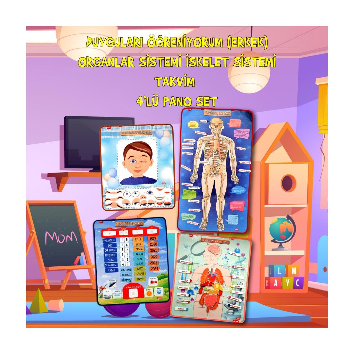 4 Set  127 Parça  İskelet , İç Organlar Sistemi , Takvim Ve Duyguları Öğreniyorum Keçe Cırtlı Duvar Panoları , Eğitici Oyuncak