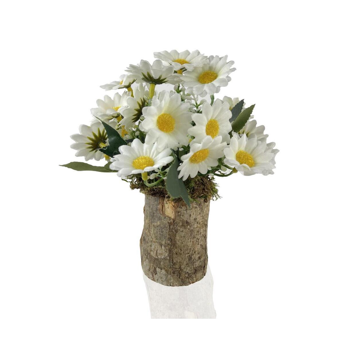 Yapay Çiçek Doğal Kütük Odun Saksıda Beyaz Papatya Masa Çiçeği