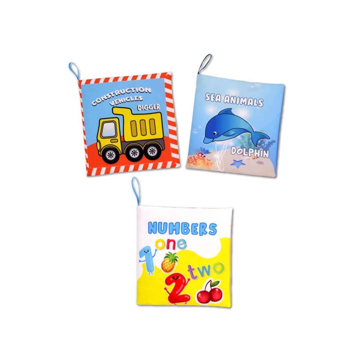 3 Kitap Tox İngilizce Rakamlar , İş Makinaları Ve Deniz Canlıları Kumaş Sessiz Kitap E118 E122 E128 - Bez Kitap