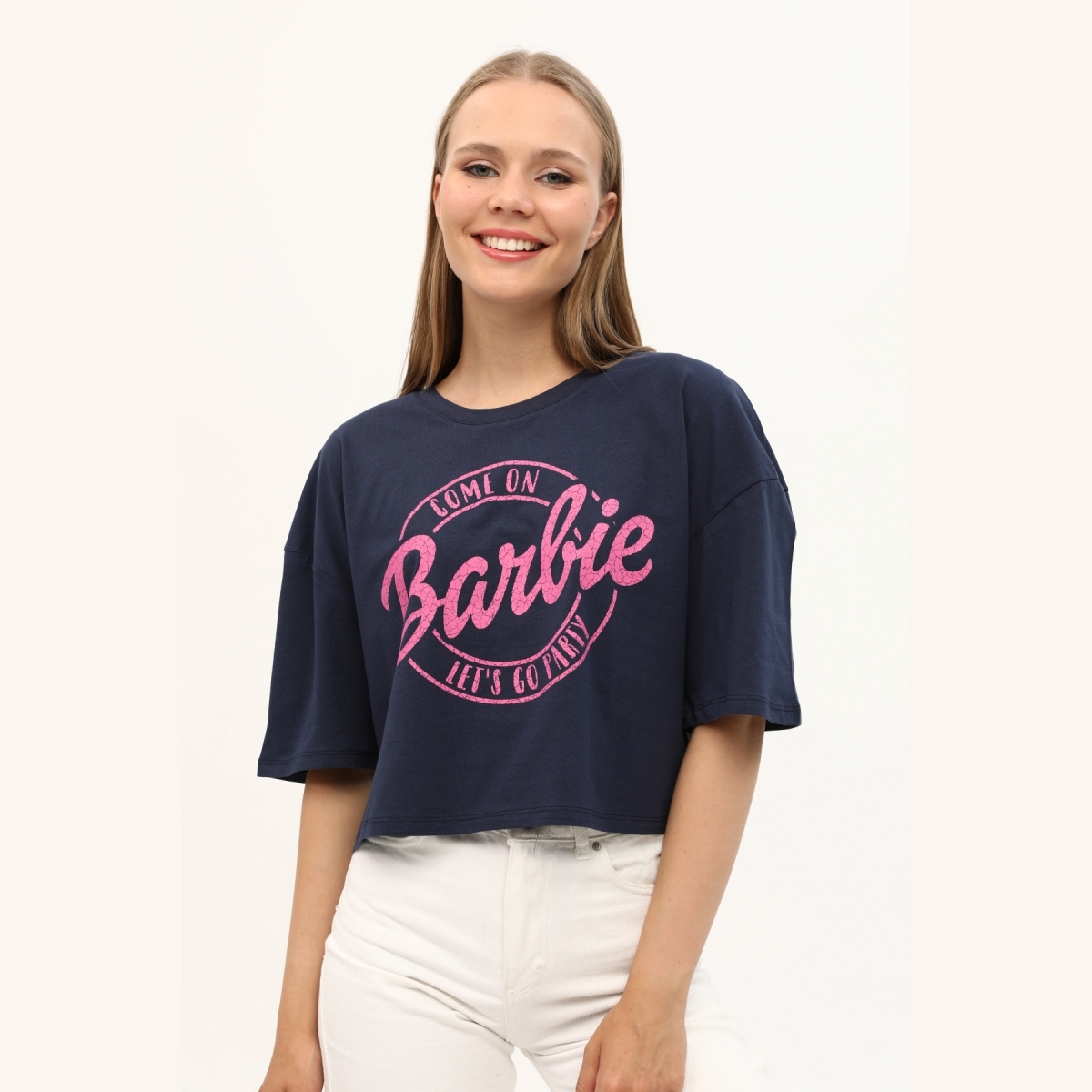 Kadın Lacivert Barbie Baskılı Crop T-Shirt