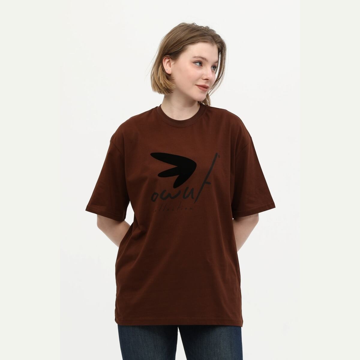 Unisex Kahverengi %100 Pamuk Baskılı Oversize Dik Yaka Örme T-Shirt