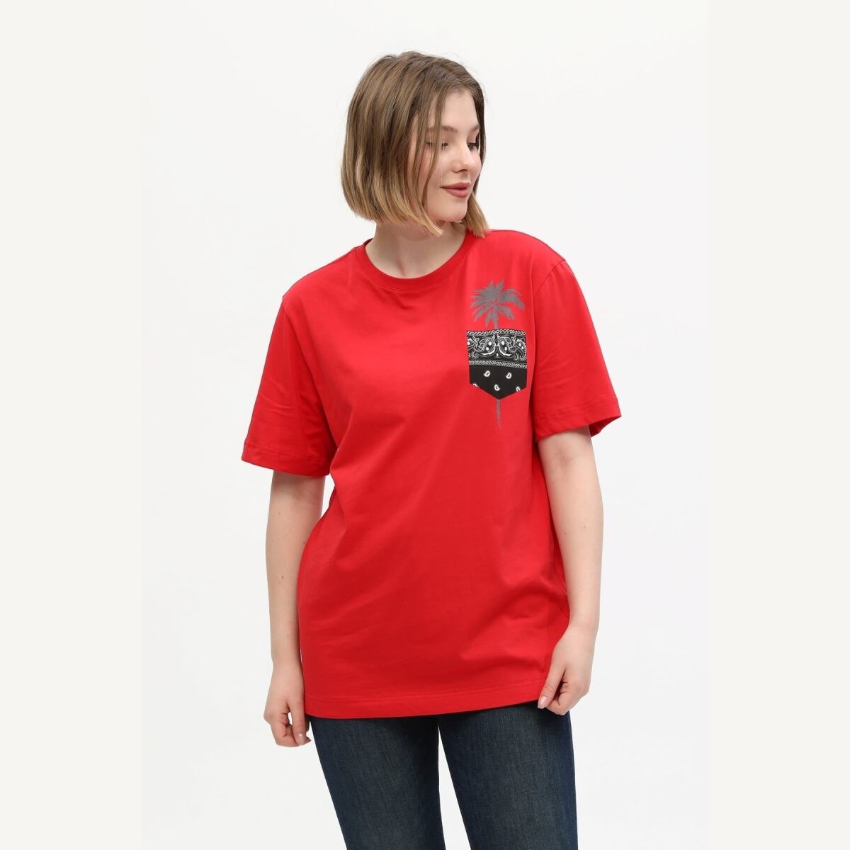 Kadın Kırmızı %100 Pamuk Baskılı Oversize Dik Yaka Örme T-Shirt
