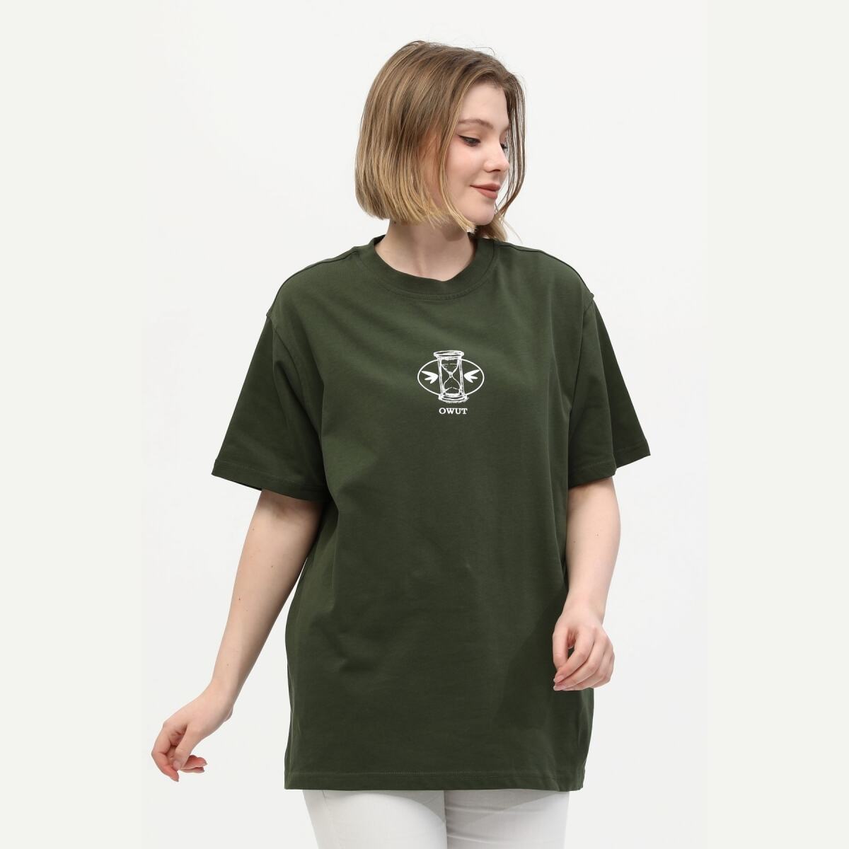 Unisex Yeşil %100 Pamuk Baskılı Oversize Dik Yaka Örme T-Shirt