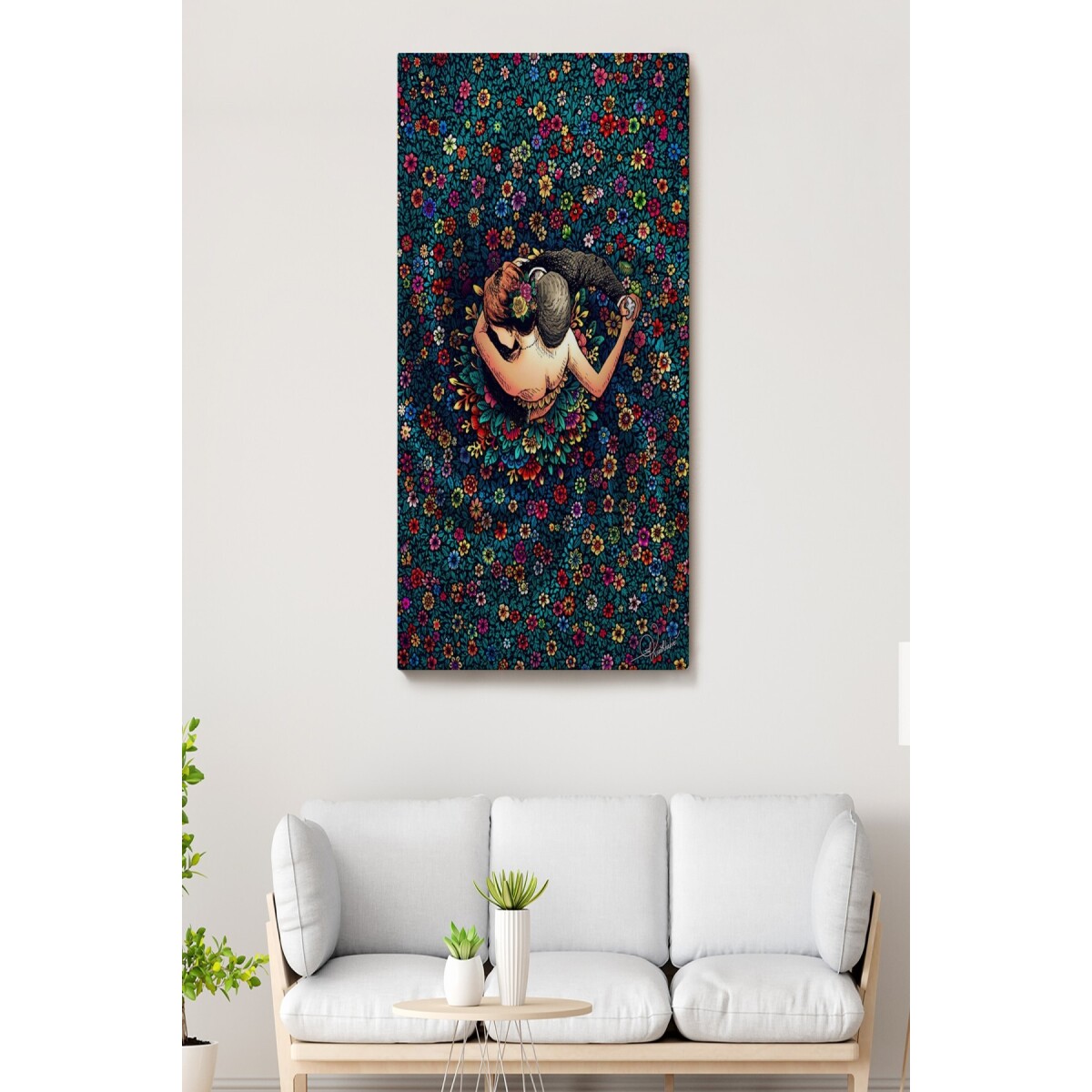 Renkli Çiçekler İçinde Dans Eden Sevgililer Duvar Tablosu-6200
