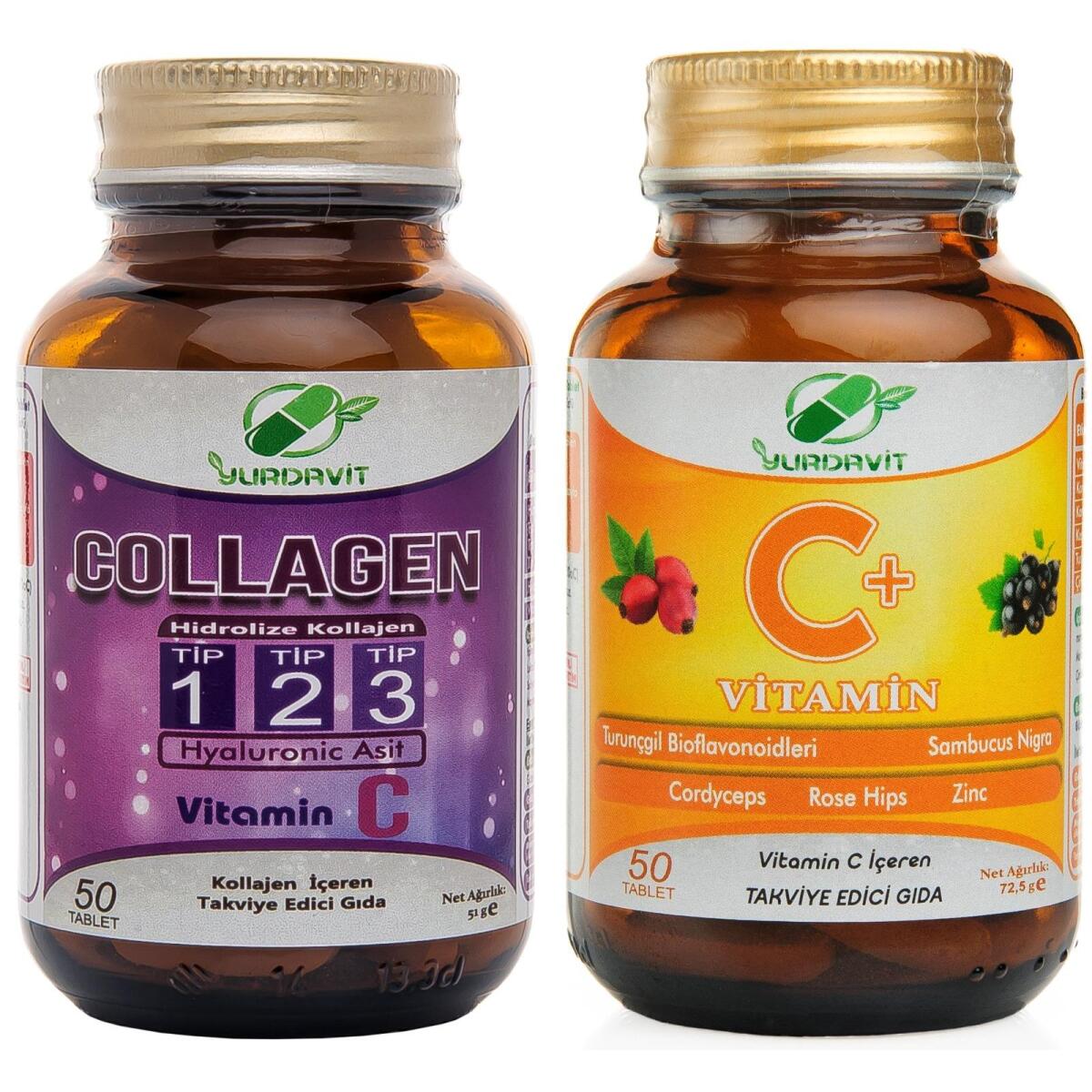 Yurdavit Set 50 Tablet Hidrolize Collagen Type 1-2-3 Hyaluronic Acid Vitamin C Vitamini 1000 Mg