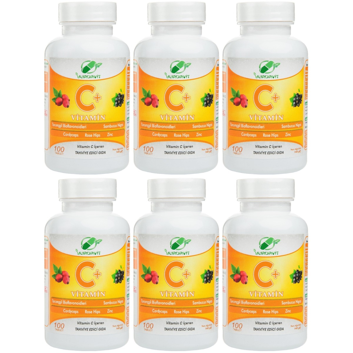 Yurdavit Vitamin C Vitamini 1000 Mg 6X100 Tablet Kuşburnu Çinko Kordiseps Mantarı Kara Mürver