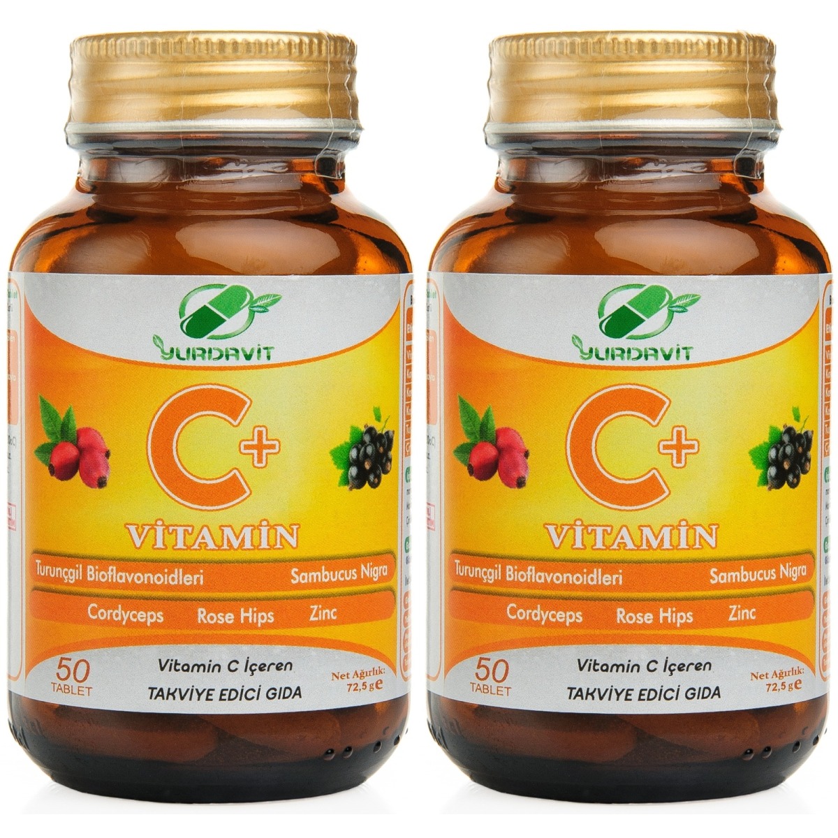 Yurdavit Vitamin C Vitamini 1000 Mg 2X50 Tablet Kuşburnu Çinko Kordiseps Mantarı Kara Mürver