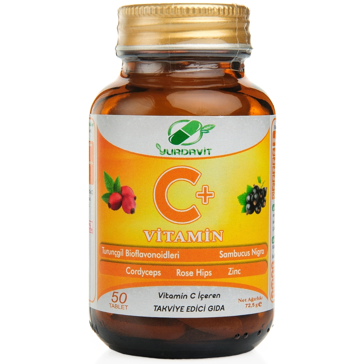 Yurdavit Vitamin C Vitamini 1000 Mg 50 Tablet Kuşburnu Çinko Kordiseps Mantarı Kara Mürver