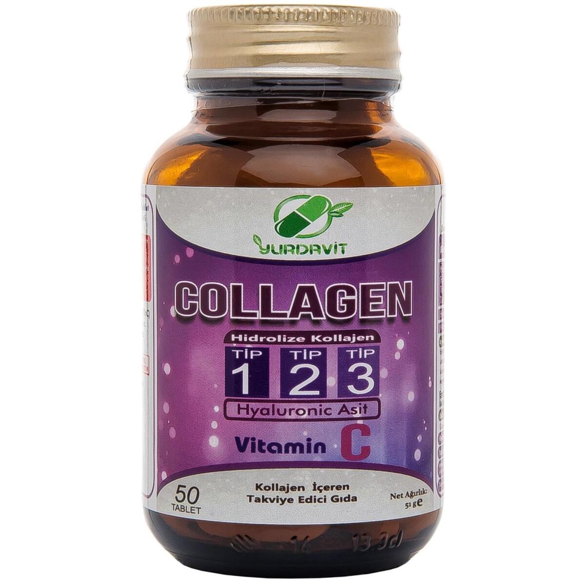 Yurdavit Hidrolize Kolajen Tip 1-2-3 50 Tablet Hyaluronik Asit C Vitamini Hydrolyzed Collagen