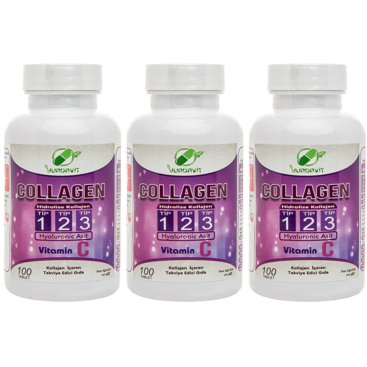 Yurdavit Hydrolyzed Collagen Type 1-2-3 3X100 Tablet Hyaluronic Acid Vitamin C Hidrolize Kolajen