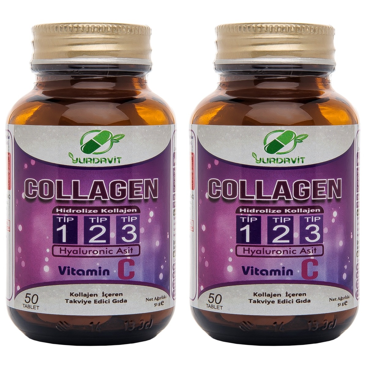 Yurdavit Hidrolize Collagen 900 Mg Type (Tip) 1-2-3 Hyaluronic Acid Vitamin C 2X50 Tablet