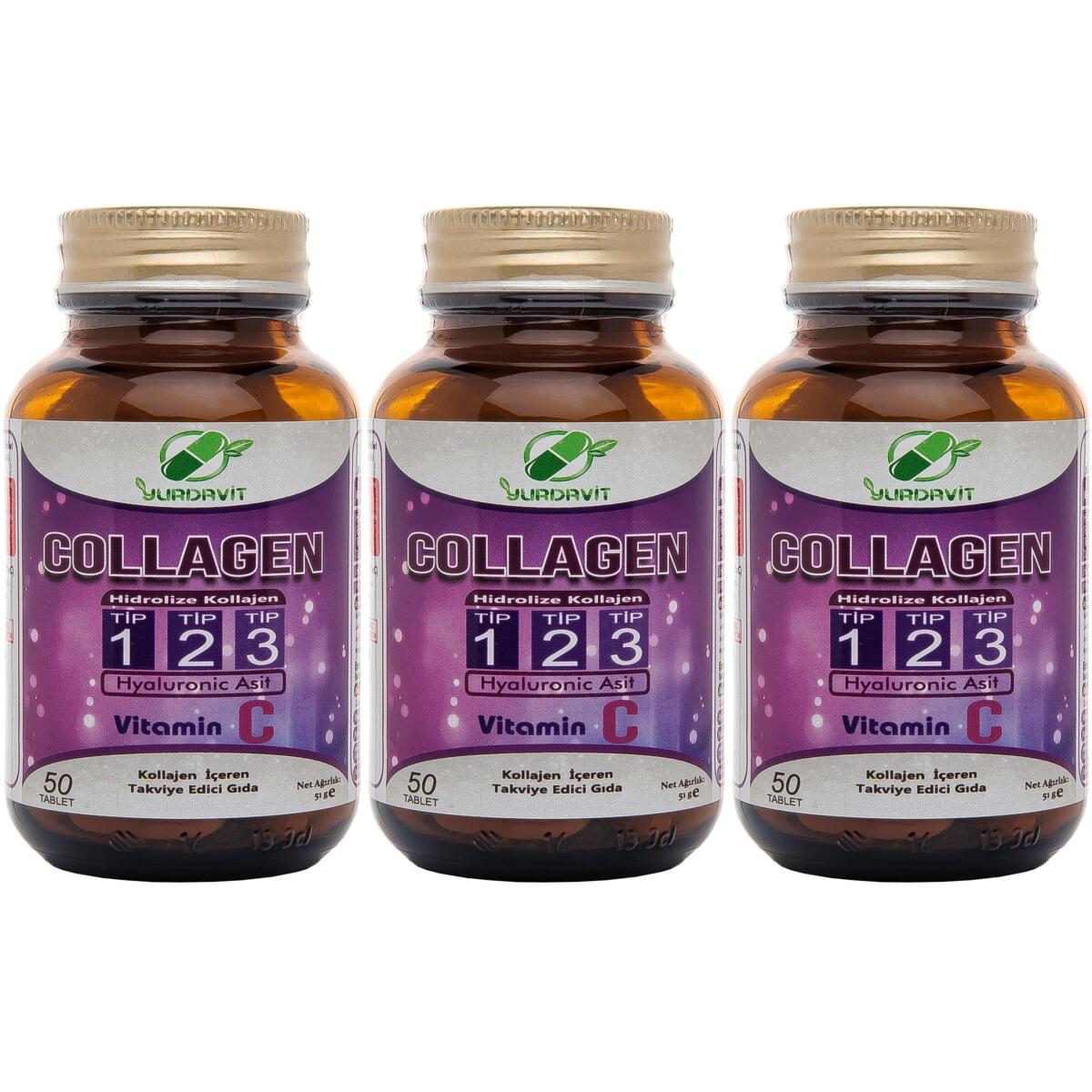 Yurdavit Hydrolyzed Collagen Type 1-2-3 3X50 Tablet Hyaluronic Acid Vitamin C Hidrolize Kolajen