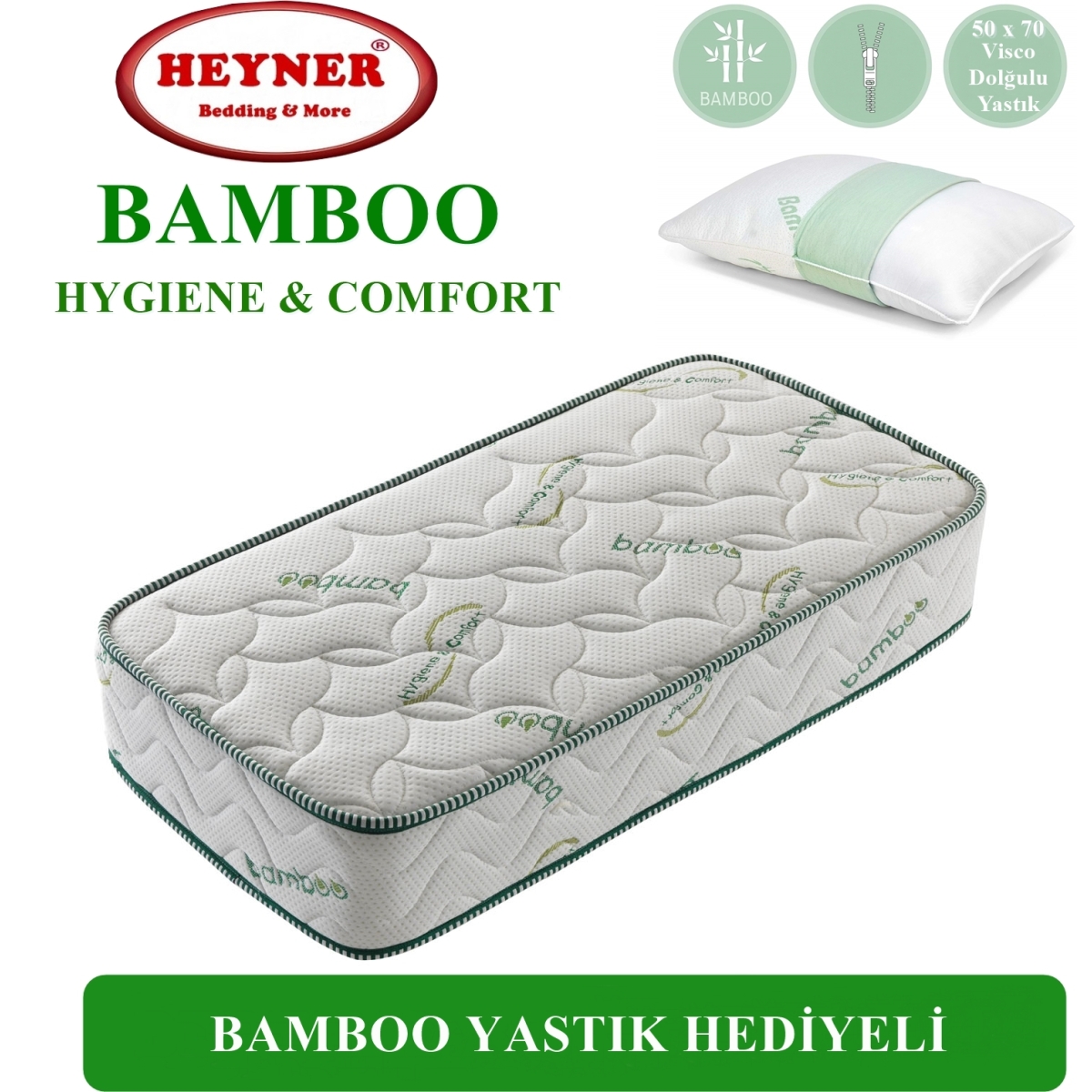 100X145 Heyner Bamboo Lüx Ortopedik Yaylı Yatak Yastikli