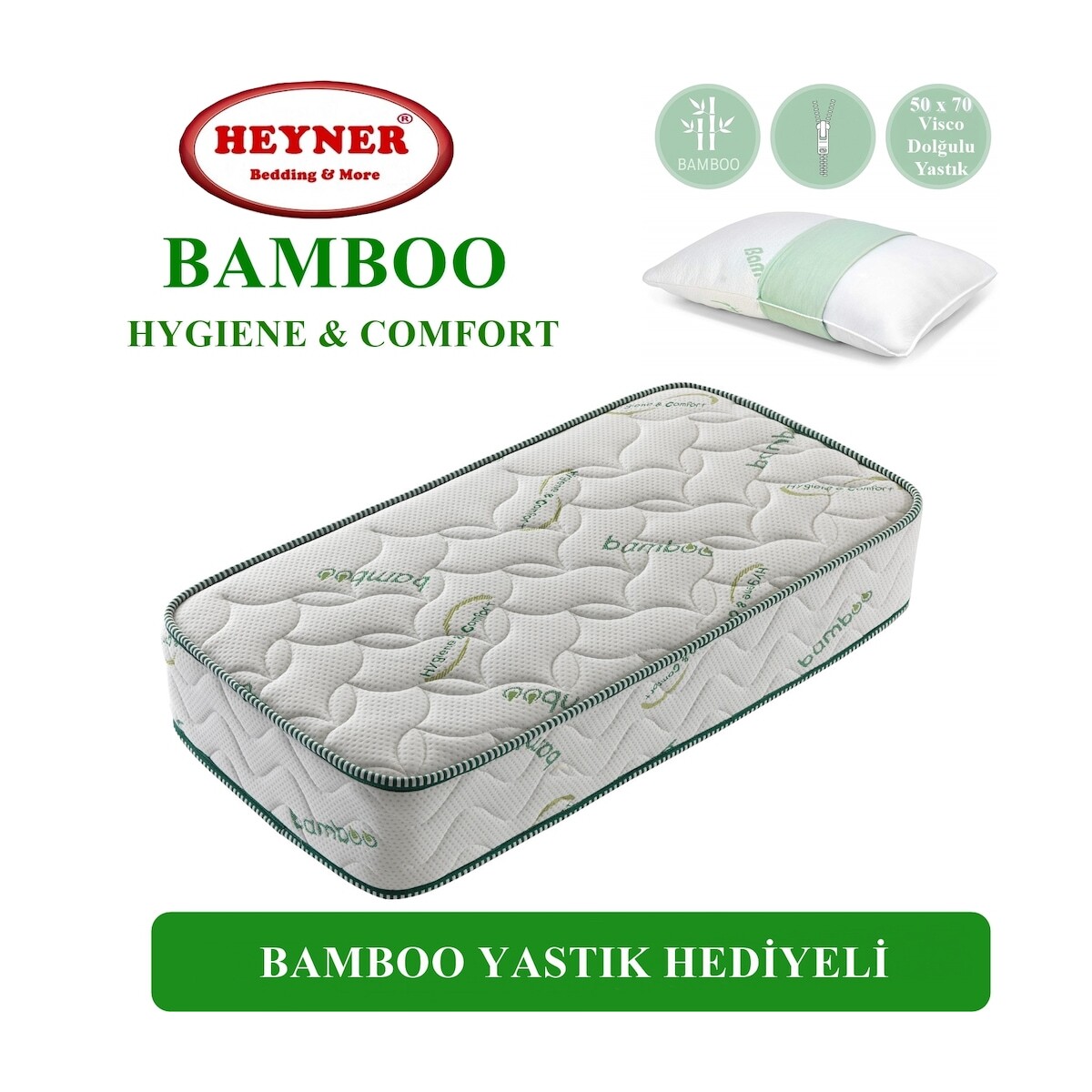 Onlıne-Yatak 100X190 Heyner Bamboo Lüx Ortopedik Yaylı Yatak (Yastık Hediyeli)