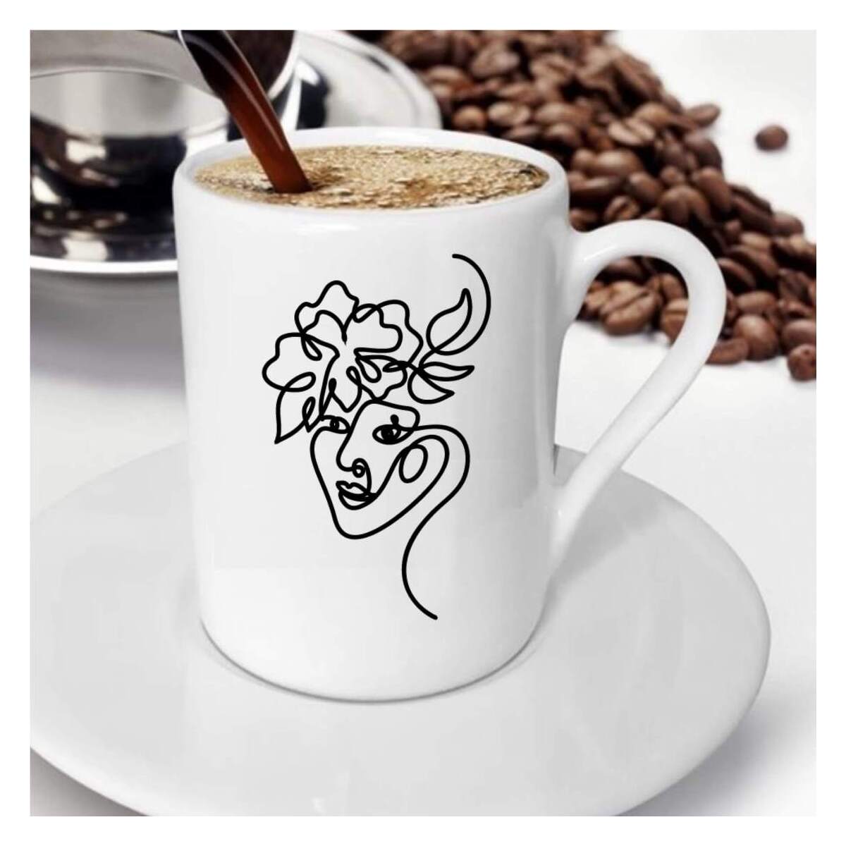 Karakalem Soyut Yüz Tasarımlı Kahve Fincanı - 5