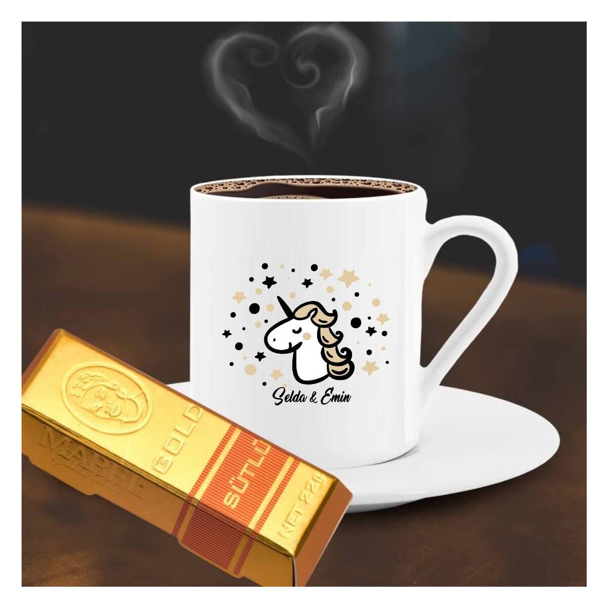 Kişiye Özel Unicorn Temalı Altın Külçe Çikolata Ve Kahve Fincanı -21