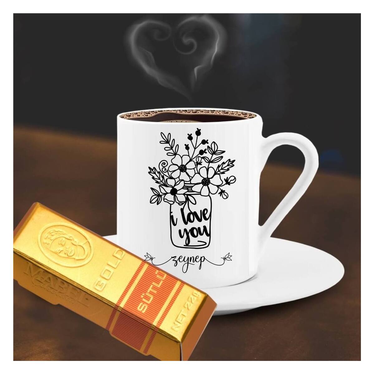 Kişiye Özel I Love You Temalı Altın Külçe Çikolata Ve Kahve Fincanı -37