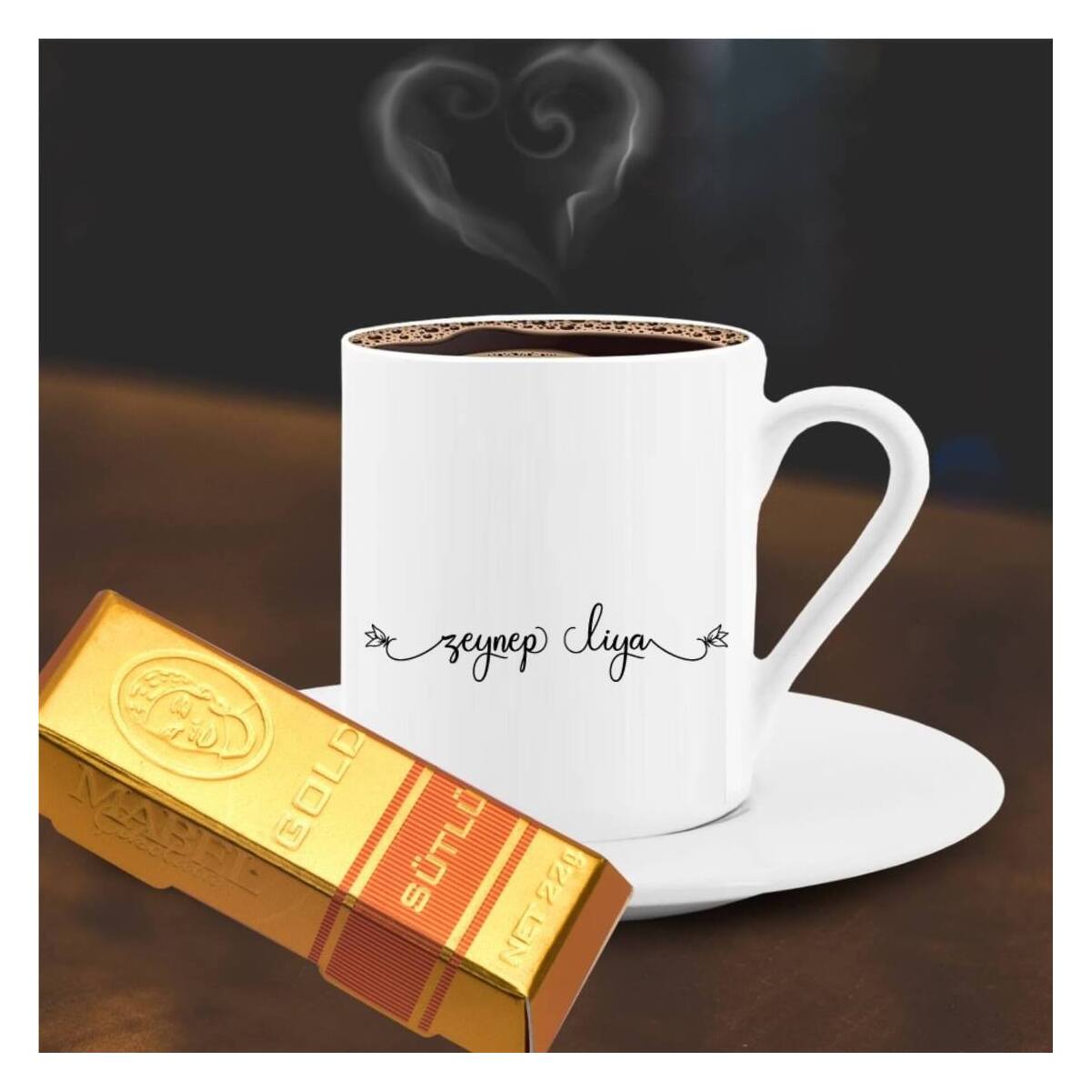 Kişiye Özel İsim Yazılı Altın Külçe Çikolata Ve Kahve Fincanı -45