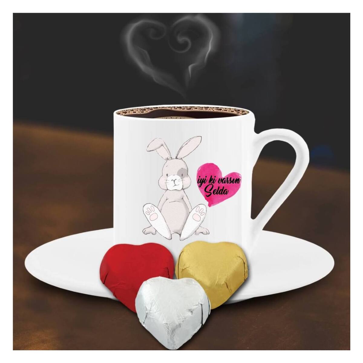 Kişiye Özel Sevimli Tavşan Temalı Kalpli Çikolata Ve Kahve Fincanı -49