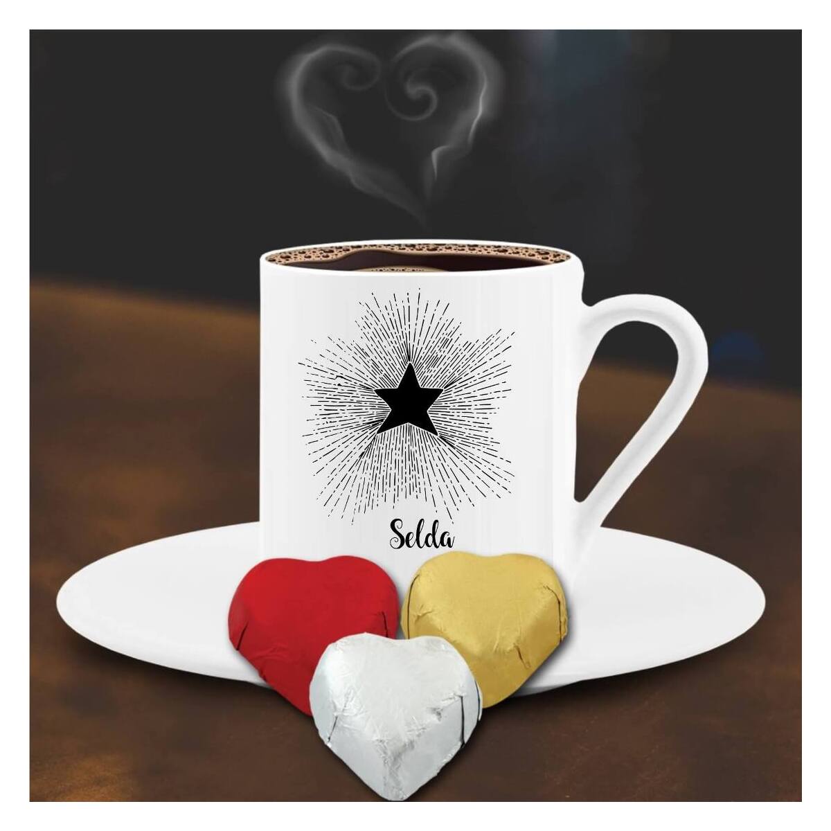 Kişiye Özel Yıldız Temalı Kalpli Çikolata Ve Kahve Fincanı -51