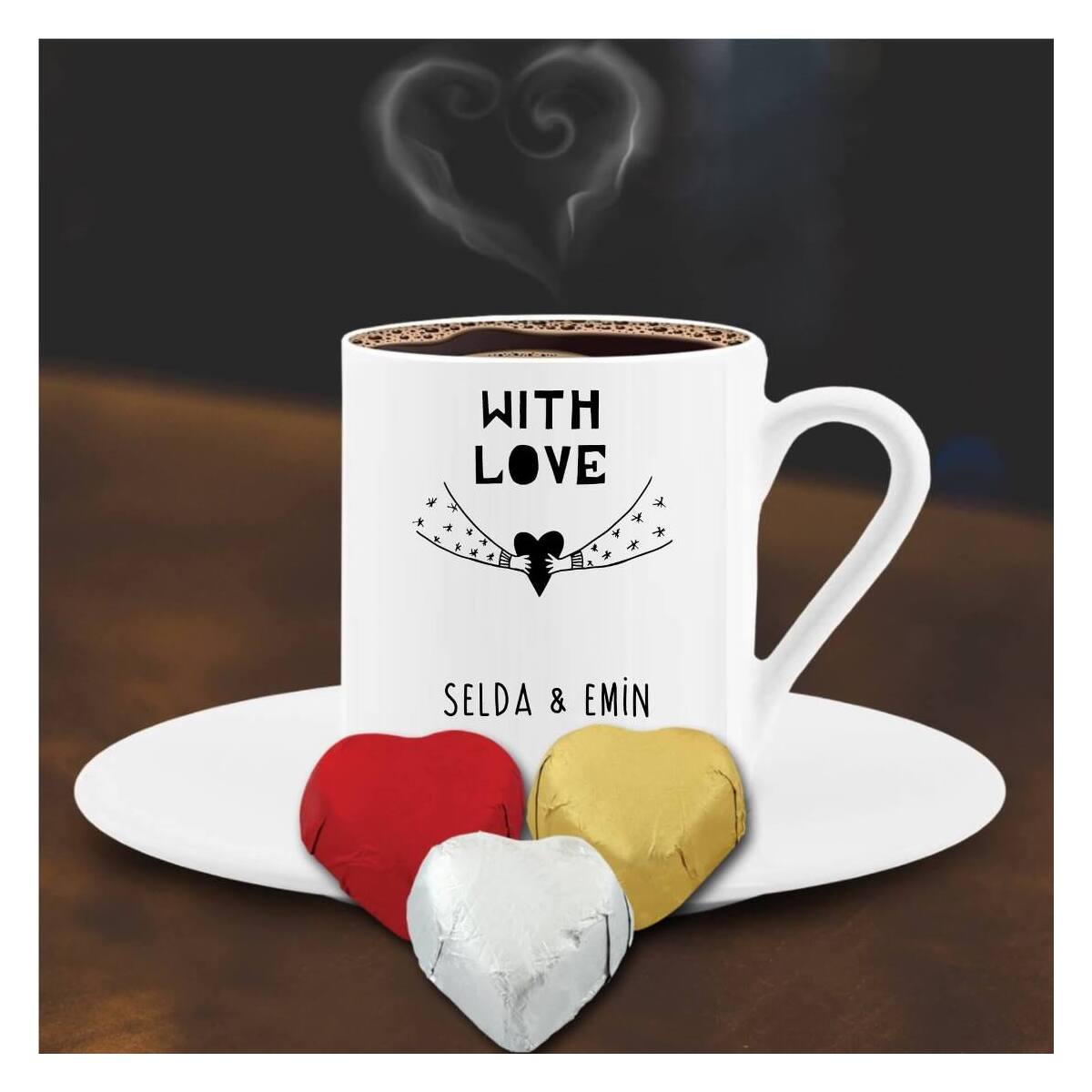 Kişiye Özel With Love Temalı Kalpli Çikolata Ve Kahve Fincanı -80