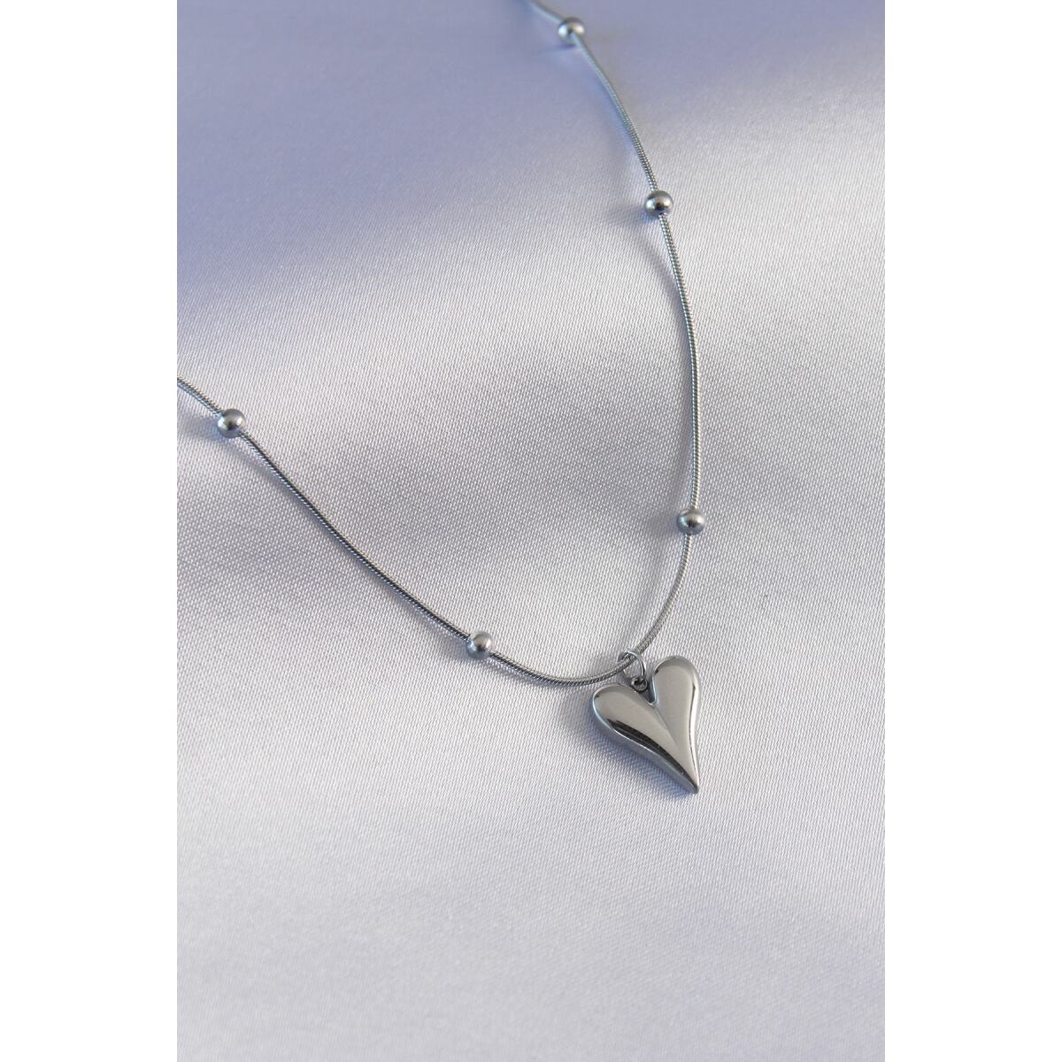 316L Çelik Gümüş Renk Kalp Figür Minimal Top Detay Kadın Kolye