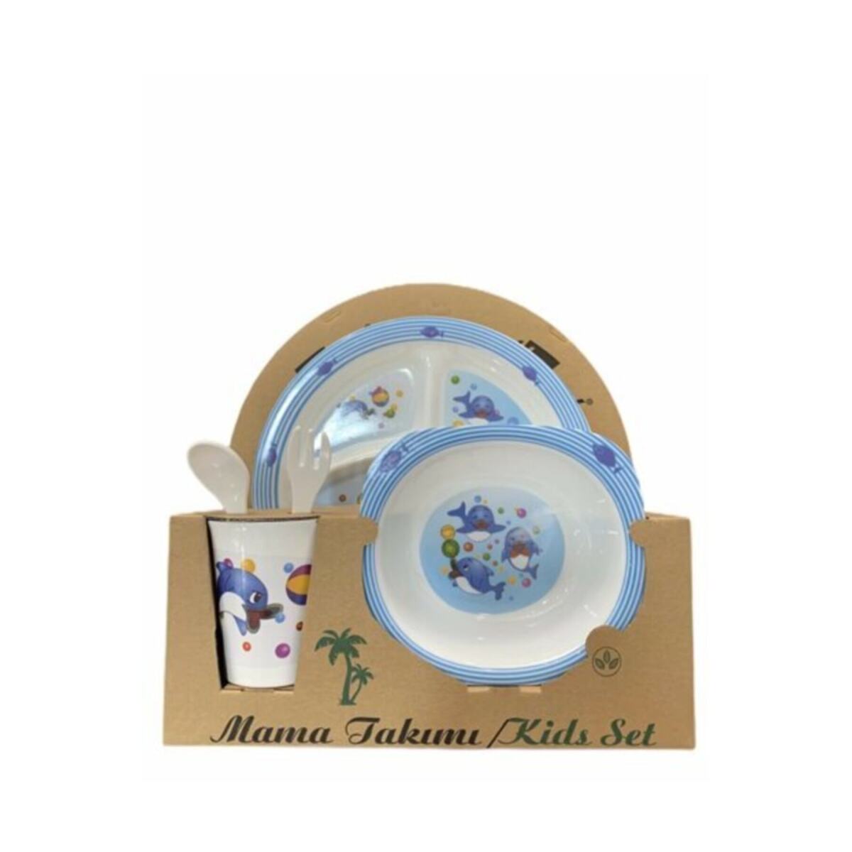 Melamin Bebek Mama Yemek Tabağı Kabı Bardak Kaşık 5Li Set Yunus Desenli