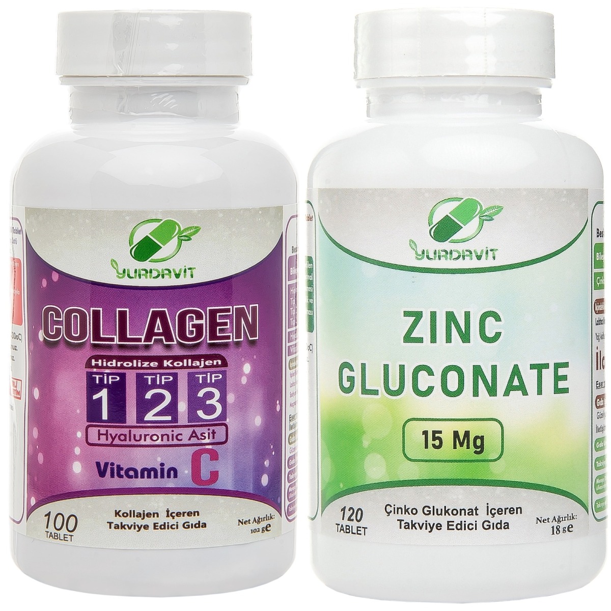 Yurdavit Hidrolize Collagen Kolajen Type 1-2-3 100 Tb Zinc Gluconate Çinko Glukonat 120 Tablet