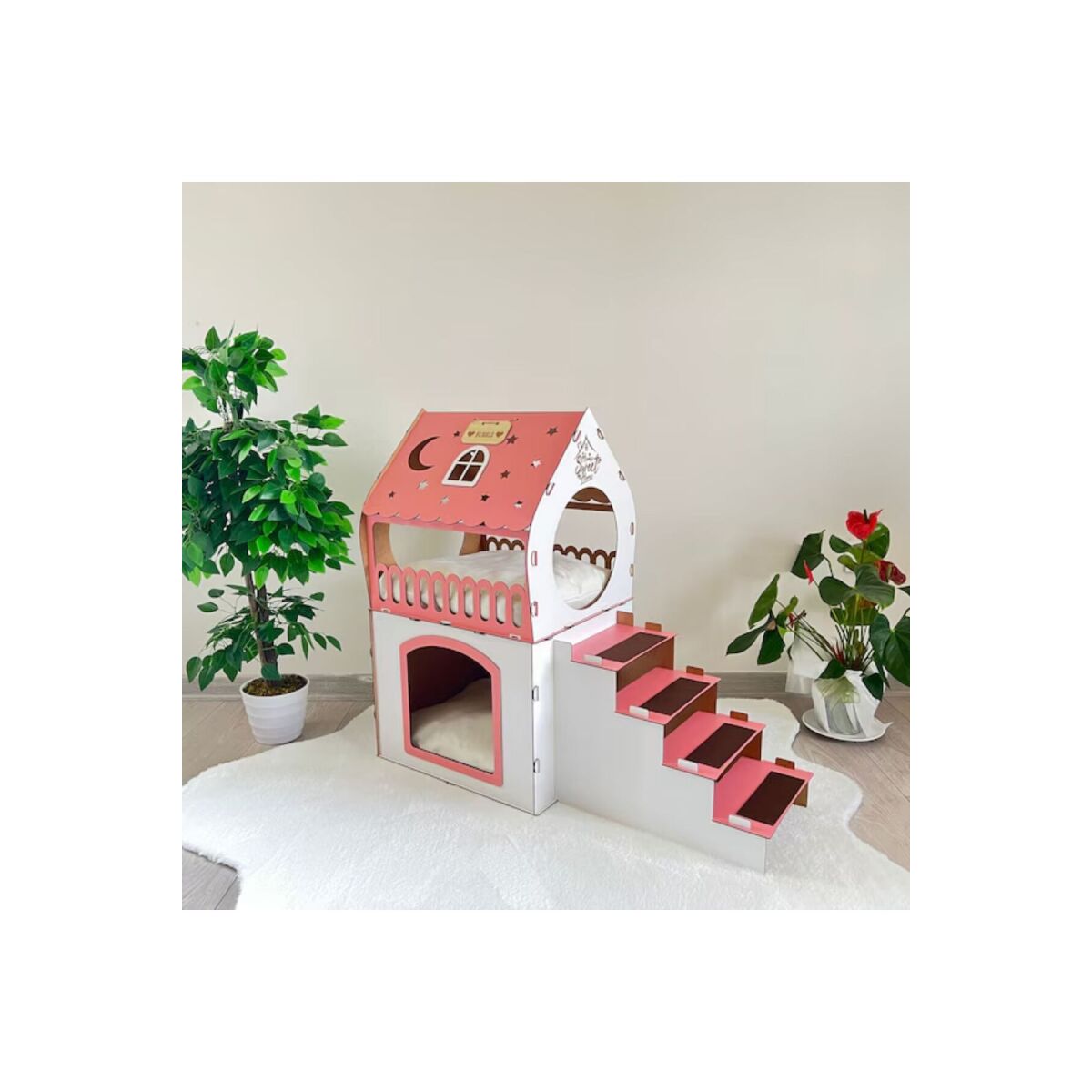 2 Katlı Merdivenli Kedi Evi, Köpek Evi, Tavşan Evi Mdf Beyaz-Pembe Orta Boy