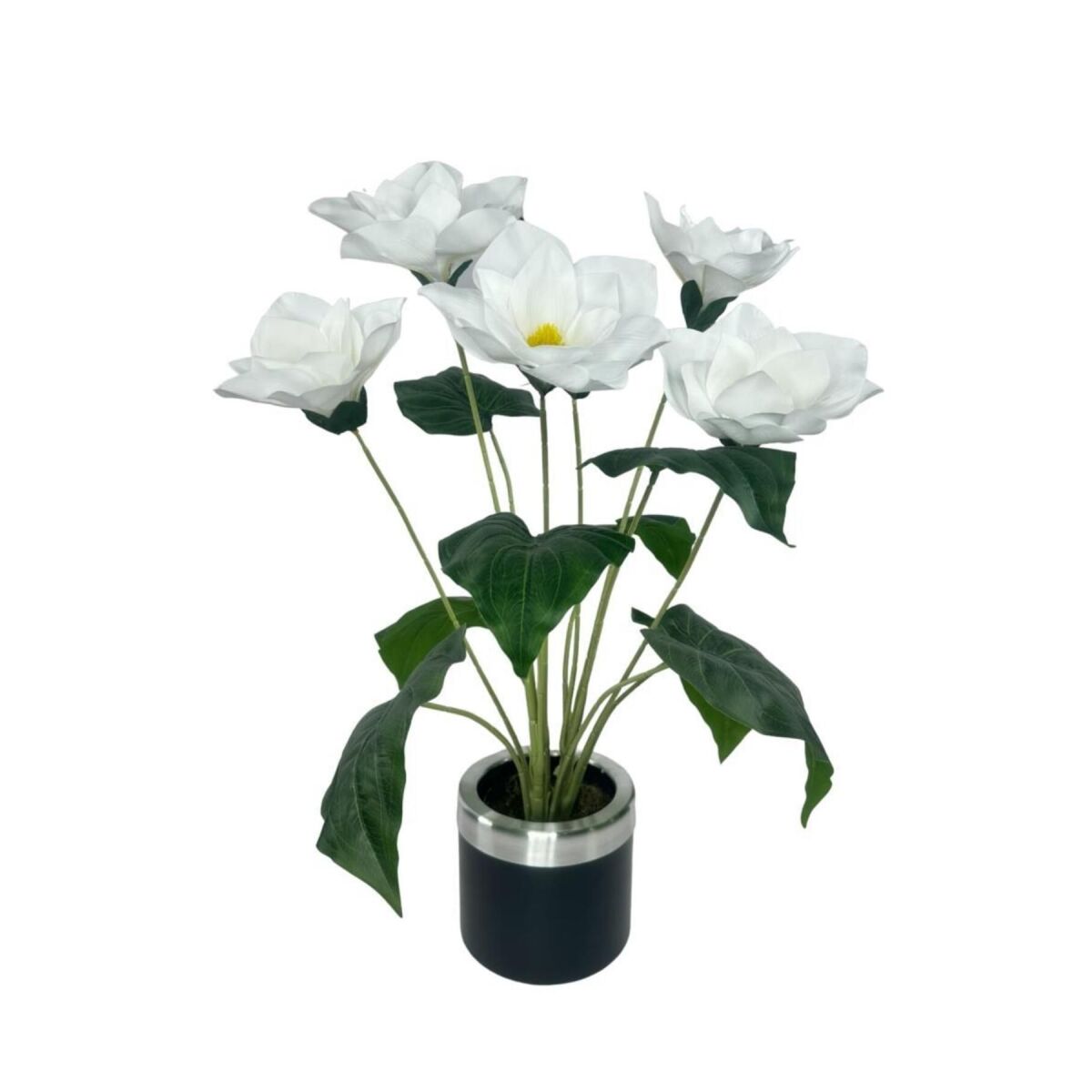 Yapay Çiçek Islak Manolya Çiçeği 6 Çiçekli 65Cm Gümüş Halkalı Galvaniz Vazoda Salon Çiçeği