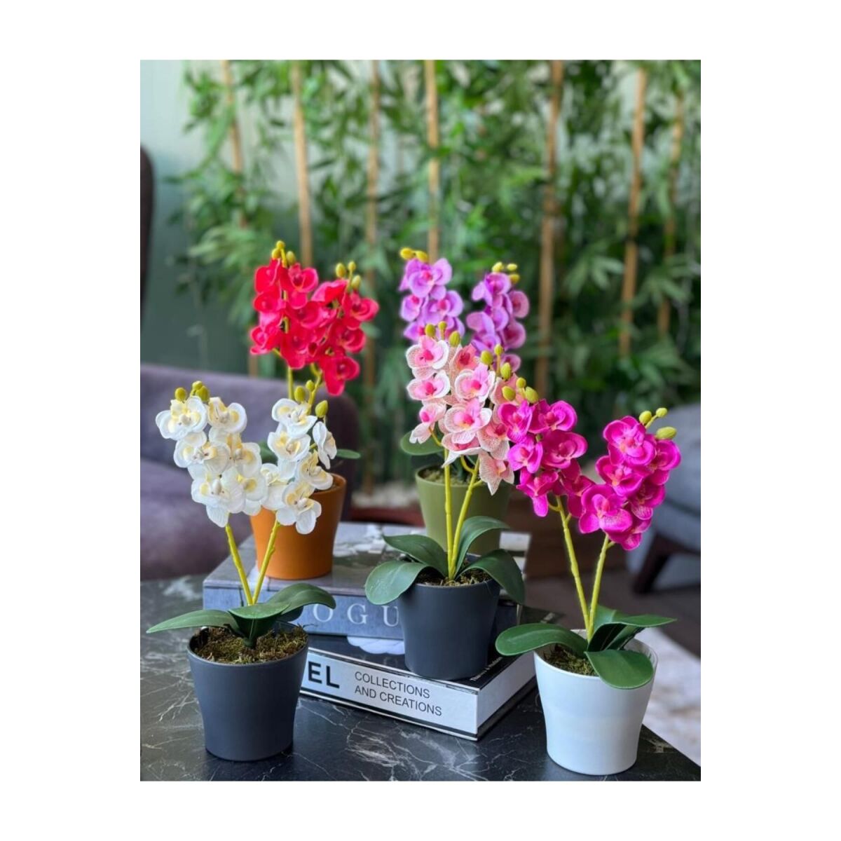 5Li Set Yapay Çiçek Orkide Renkli Saksıda Gerçekçi Doku Karışık Renkli 30Cm