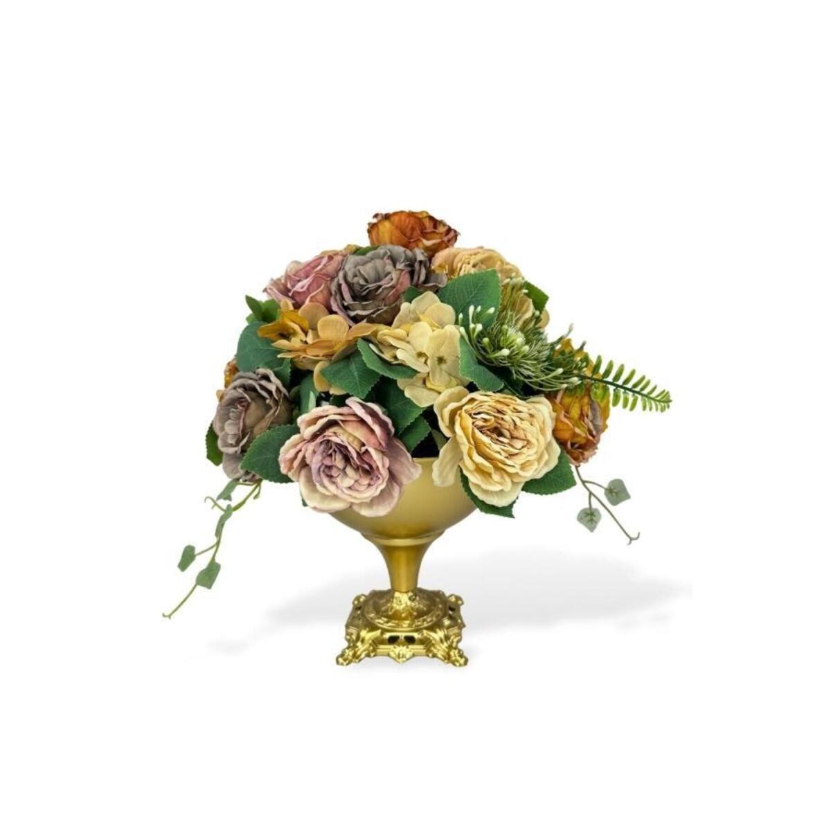Yapay Çiçek Aranjmanı Büyük Boy Somon Tonlar Gold Metal Vazolu Arajman Nişan Kız İsteme Çiçeği