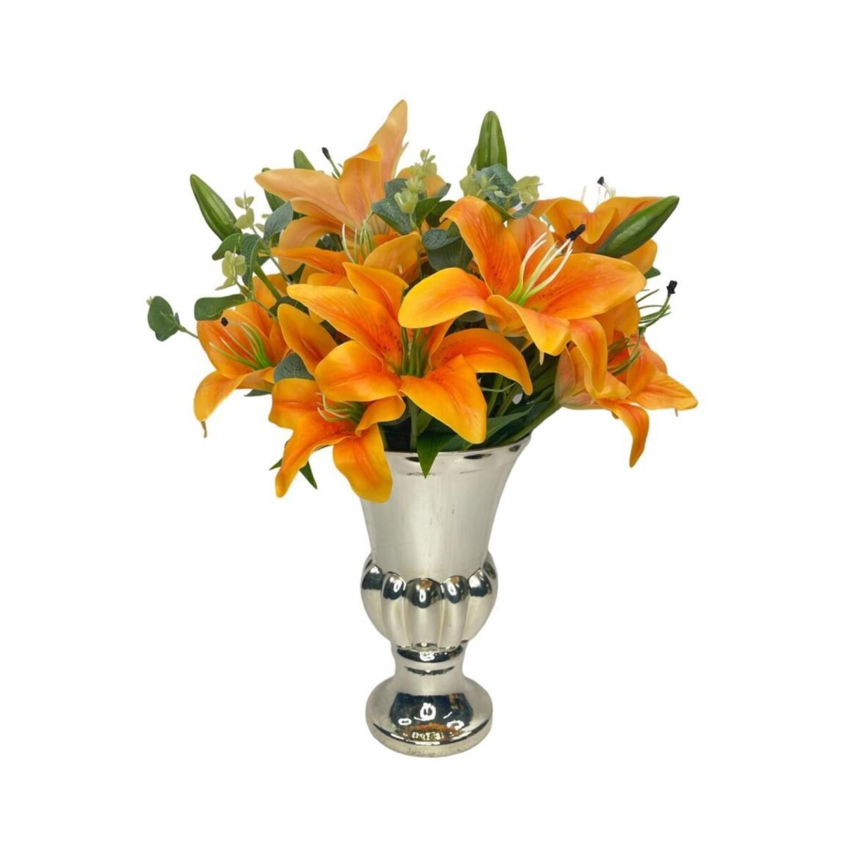 Yapay Çiçek Aranjmanı Somon Lilyum Gümüş Cam Kupa Vazoda Nişan Çiçeği İsteme Çiçeği