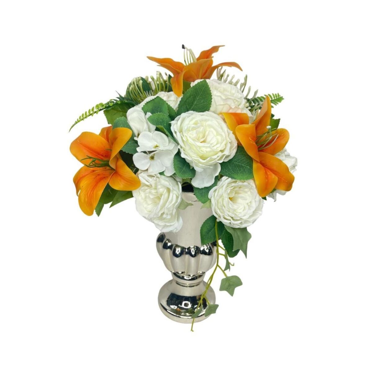 Yapay Çiçek Aranjmanı Somon Lilyum Beyaz Şakayık Gümüş Cam Kupa Vazoda Nişan Çiçeği İsteme Çiçeği