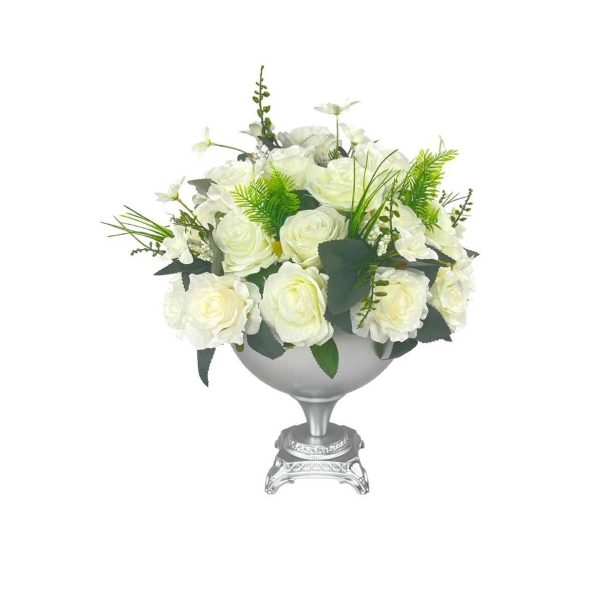 Yapay Çiçek Aranjmanı Beyaz Güller Metal Gümüş Vazolu Masa Üstü Çiçeği Arajman