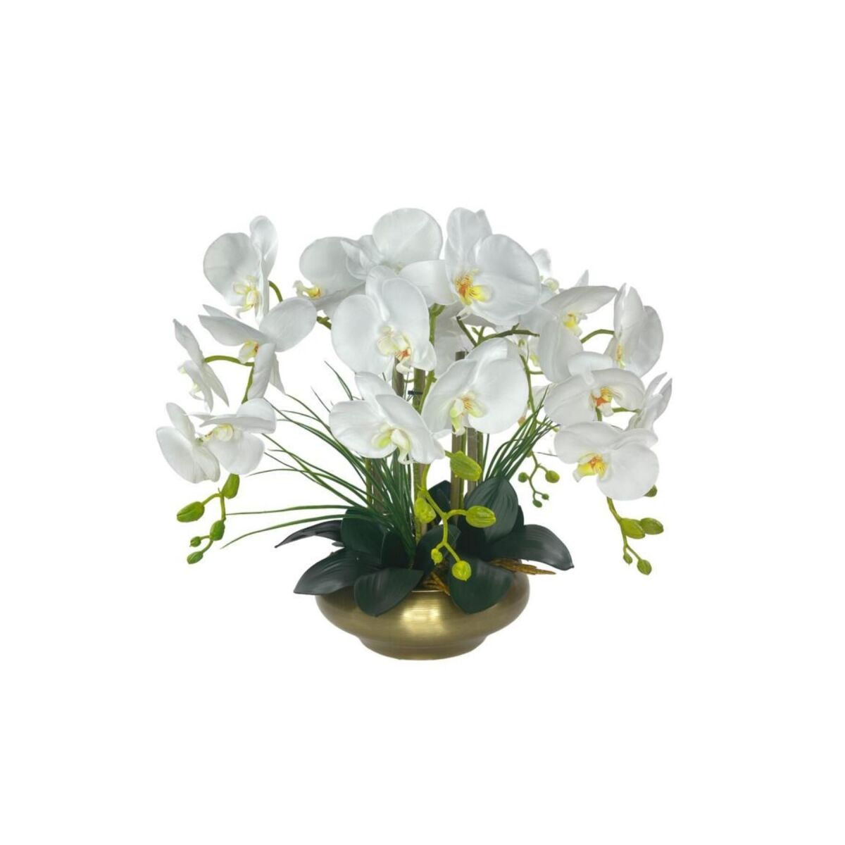 Yapay Çiçek 5Li Beyaz Islak Orkide Metal Yuvarlak Eski Gold Vazoda Orkide 50Cm