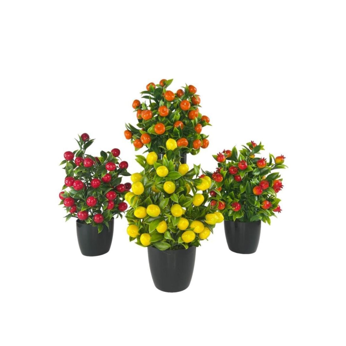 4Lü Set Yapay Çiçek Kiraz Nar Limon Ve Mandalina Ağacı Siyah Saksıda 30Cm