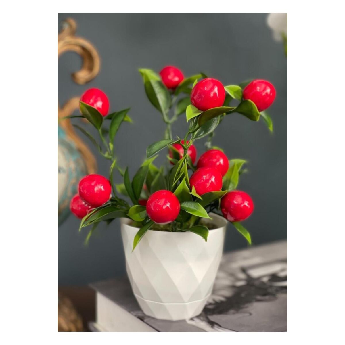 Yapay Çiçek Beyaz Saksıda Kiraz Demeti Kırmızı Top Çiçek 20Cm