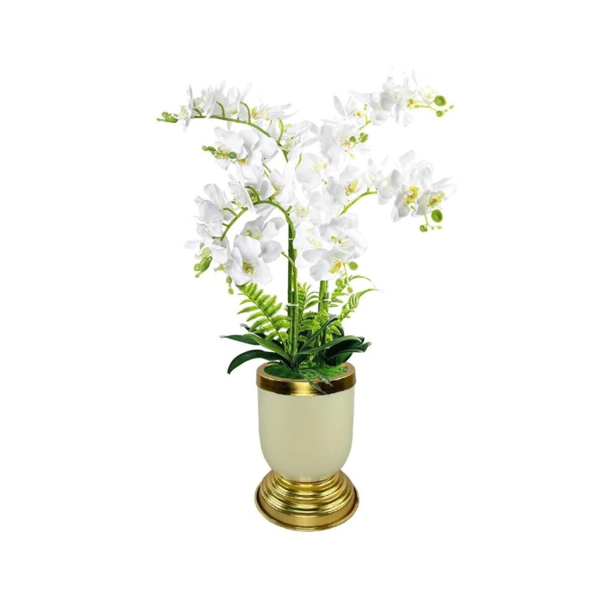 Yapay Çiçek 6Lı Beyaz Orkide Metal Krem Gold Saksıda Orkide 60Cm