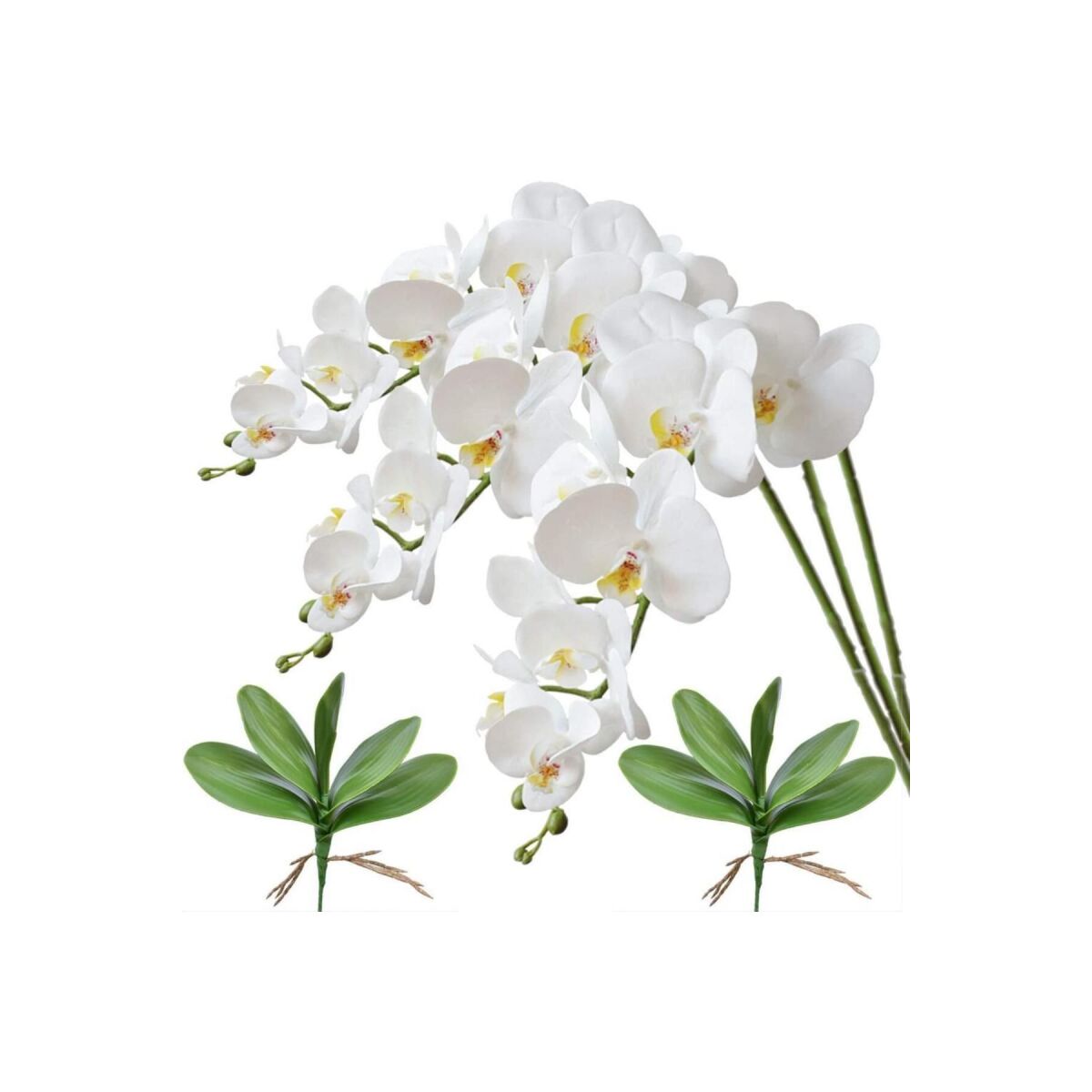 3Lü Set Yapay Çiçek Islak Orkide Ve 2 Adet Orkide Yaprağı Gerçeksi Doku Uzun Dal 90Cm
