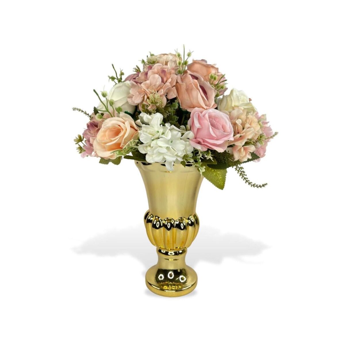 Yapay Çiçek Aranjmanı Pembe Krem Pudra Rengi Gold Altın Cam Kupa Vazoda Nişan Çiçeği Isteme Çiçeği