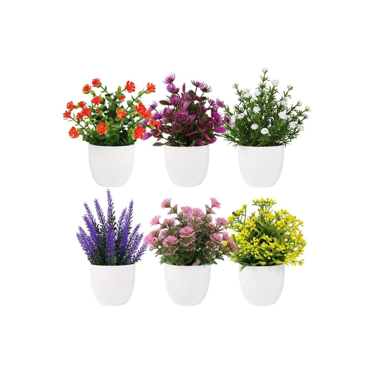 6Lı Set Yapay Çiçek Beyaz Saksıda 6 Çeşit Renkli Çiçekler