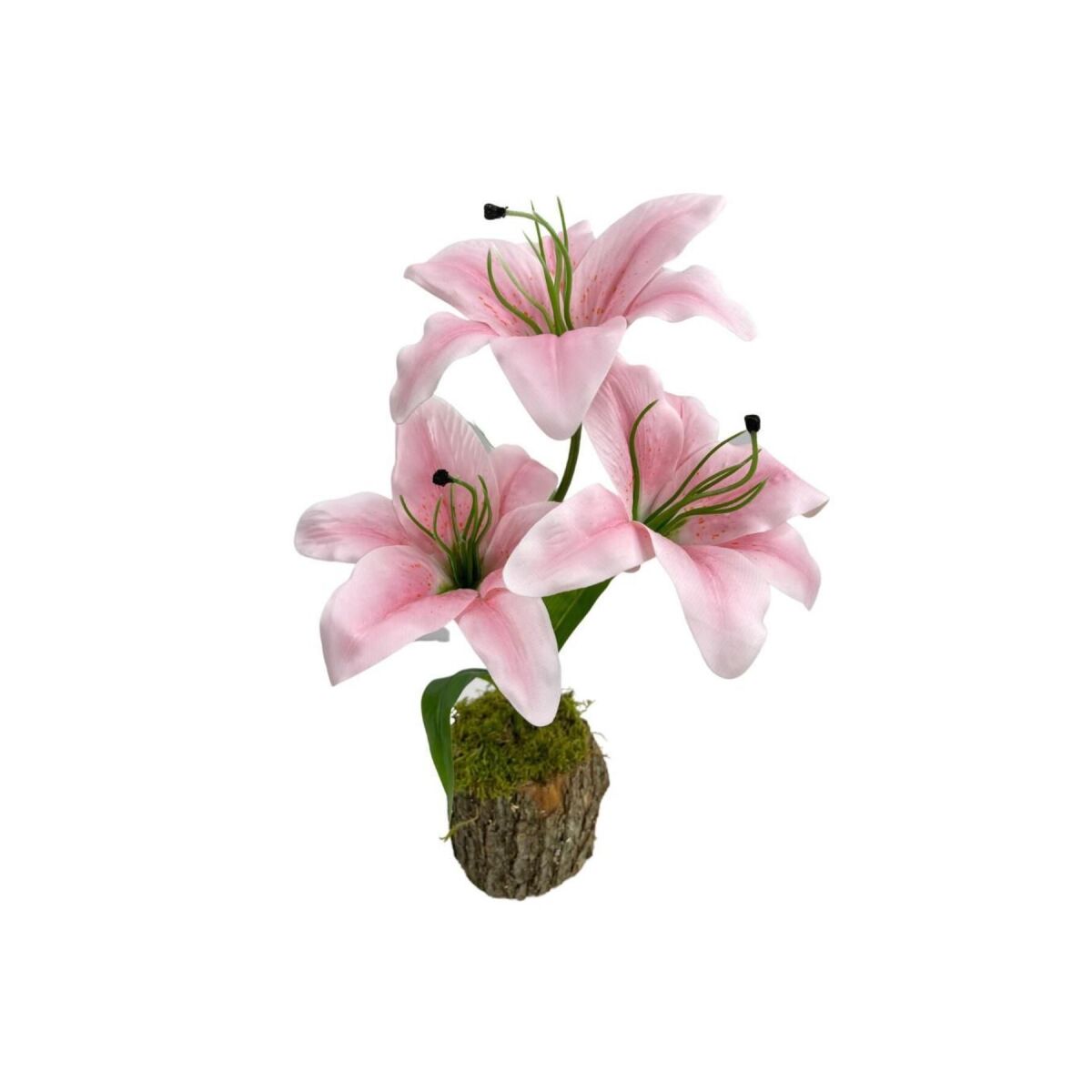 Yapay Çiçek Kütük Saksıda Islak Lilyum Pembe Renk 3 Çiçekli Gerçeksi Doku