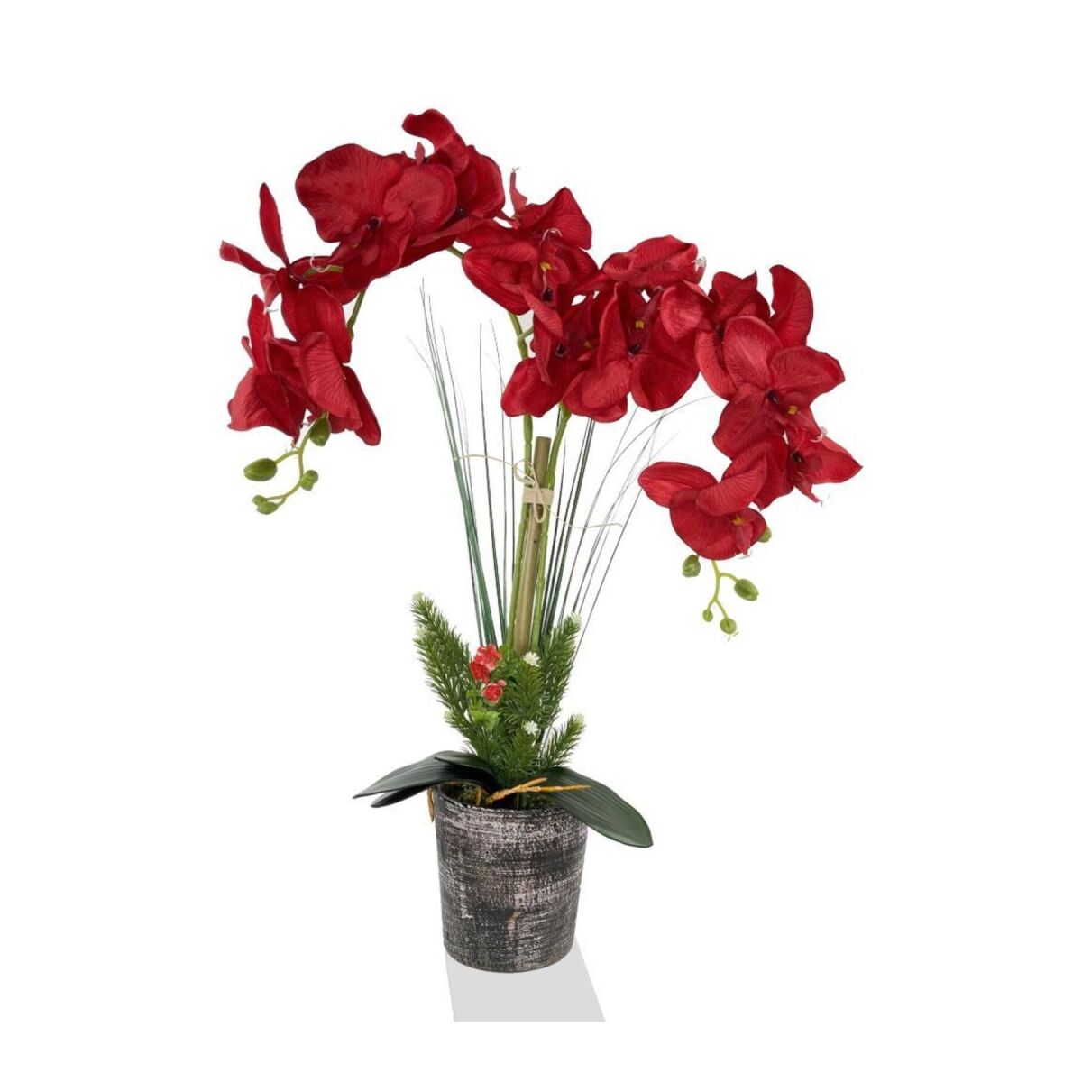 Yapay Çiçek 2 Dal Kırmızı Orkide Gri Seramik Saksıda Orkide 60Cm Sevgililer Günü Özel Tasarım