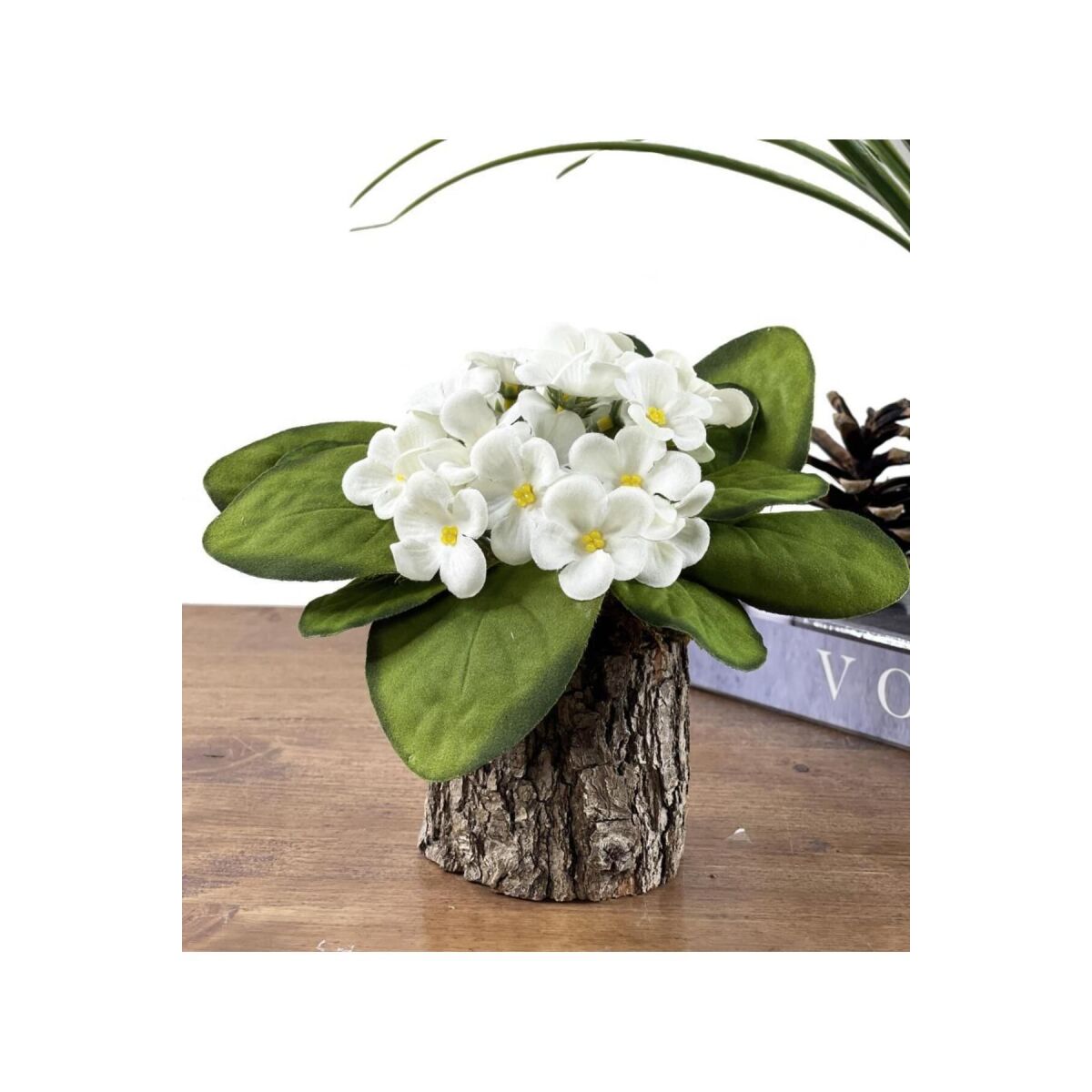 Yapay Çiçek Odun Saksıda Kadife Menekşe Gerçekçi Doku Beyaz