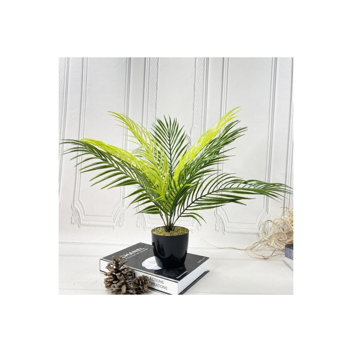 Yapay Çiçek Palmiye Siyah Plastik Saksılı Areka Yapay Bitki Salon Çiçeği 9 Yaprak 50Cm