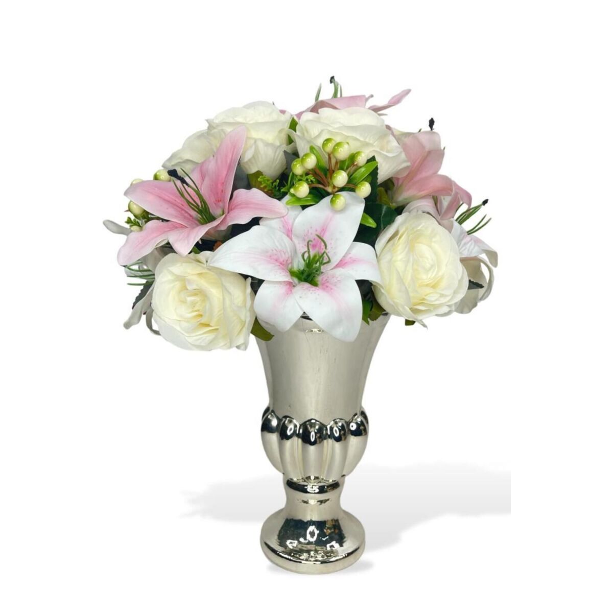 Yapay Çiçek Aranjmanı Pembe Lilyum Ve Güllü Gümüş Cam Kupa Vazoda Nişan Çiçeği İsteme Çiçeği