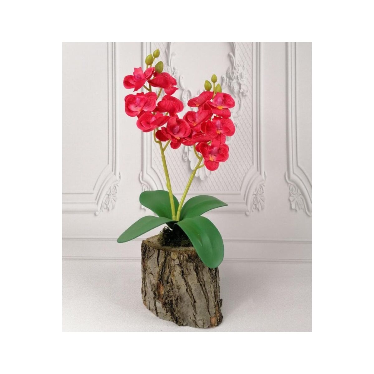 Yapay Çiçek Ahşap Kütük Saksılı Kırmızı Mini Yapay Orkide Dekoratif Hediye